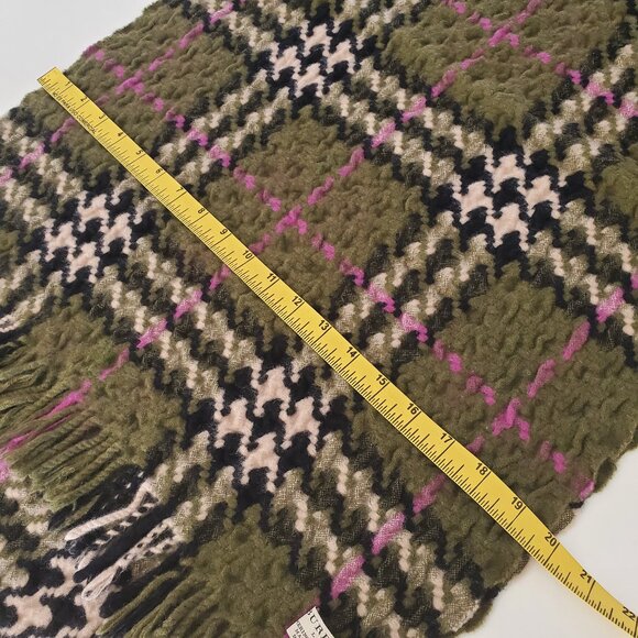 Burberry Olive Green/Magenta Houndstooth Plaid Check Merino Wool Cashmere Shawl - Picture 5 of 6